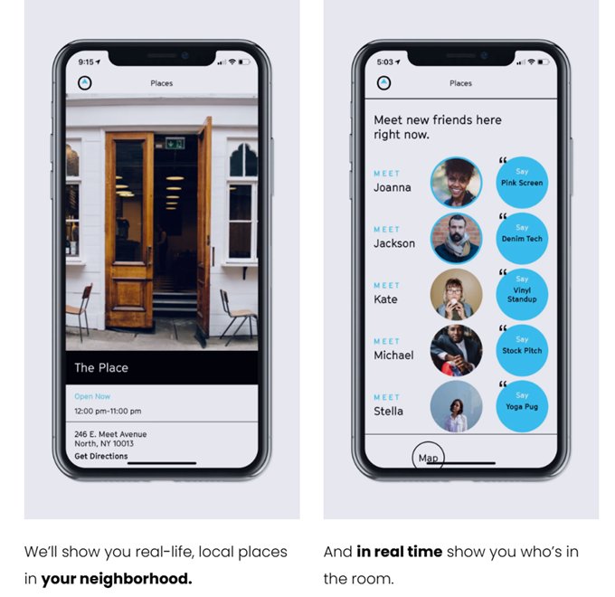 MeetNorth app screens — two phone mockups showing a venue detail with open hours and a real-time 'meet new friends here right now' people list